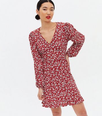 Red Ditsy Floral Long Sleeve Frill Mini ...